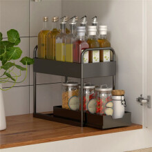 Multifunctional Kitchen Rack Pull-Out Spice Rack Double-Layer Cabinet Storage Rack Black