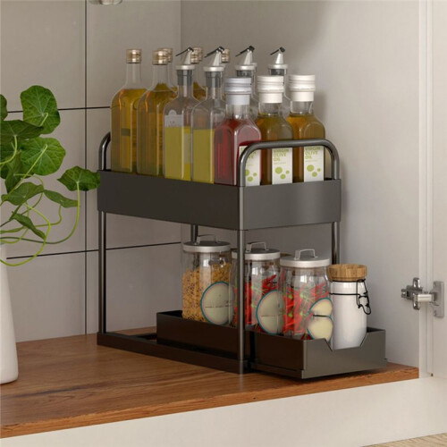 Multifunctional Kitchen Rack Pull-Out Spice Rack Double-Layer Cabinet Storage Rack Black