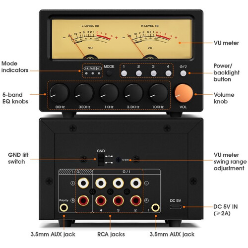 D5 4-Way Audio Switcher Splitter HiFi 5-Band Stereo EQ Preamp Equalizer with VU Meter EU Plug 1