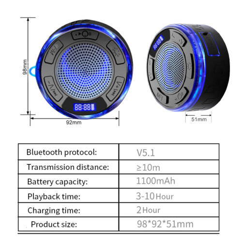 Bluetooth Shower Speaker IP7 Waterproof with RGB Light and 2