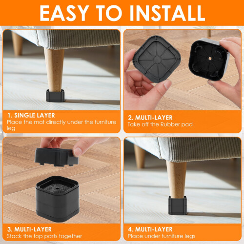 16Pcs Furniture Risers with Nonslip Bottom Adjustable Table Risers Stackable Bed Lifter Versatile Bed Raising Blocks,Black Plastic 2