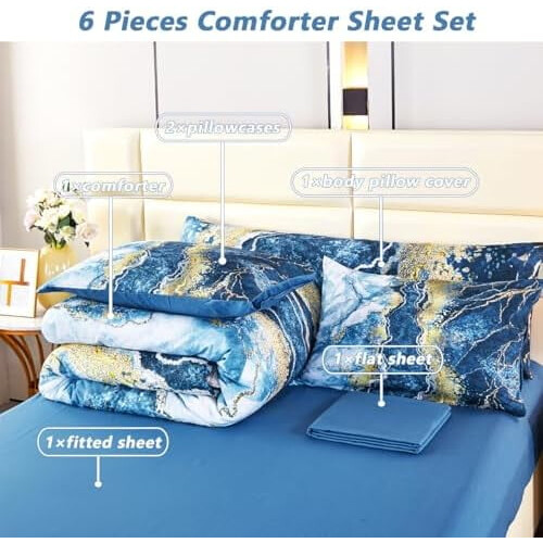 Blue comforter set capri blue gold marble full 6 pc 2