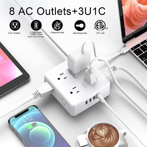 Sur Protector Power Strip: 6ft Flat Plug, 8 Outlets + 4 USB (1C), 3-Side Extender, White, ETL Listed 1