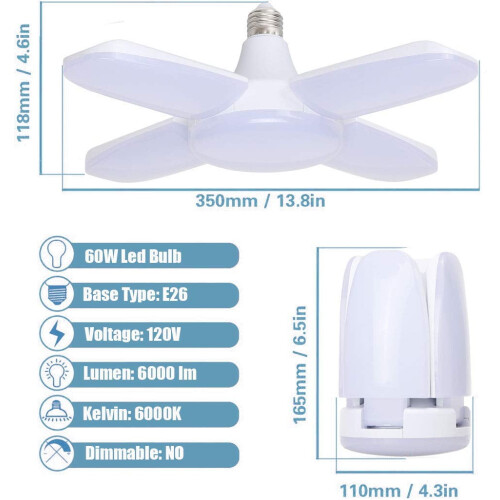 60W LED Garage Light E27/E26 with 4 Adjustable Panels 2