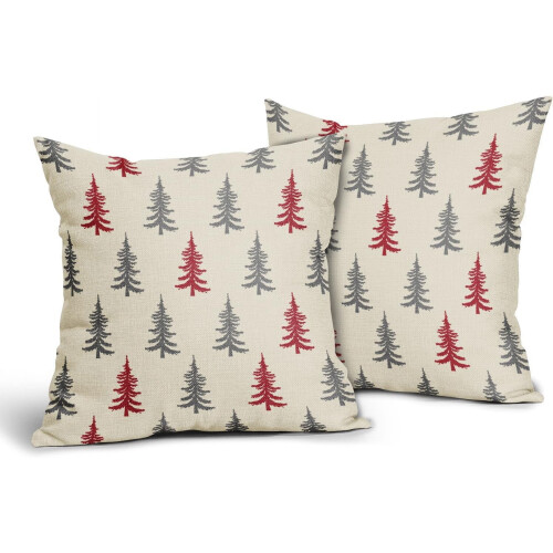Fodere per cuscini con albero di Natale, grigio e rosso, 16x16 cm, set da 2 1