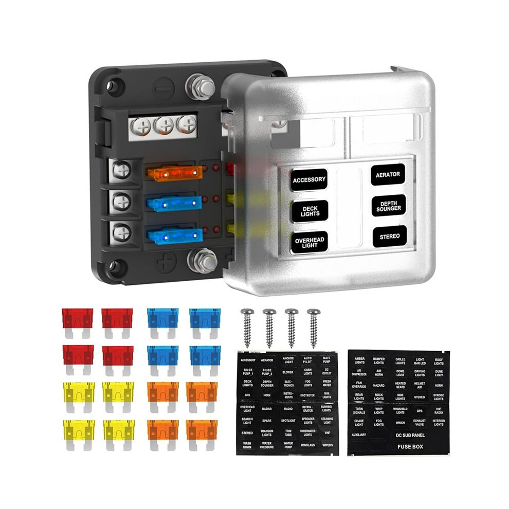 6 Way Fuse Block Box 12V/24V Atc/Ato Fuse Panel With Led Indicator For Marine Boat Automotive Motorcycle 4713038452609
