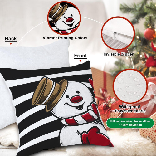 Capas de Almofada de Natal 22x22 Conjunto de 4 Vermelhas e Pretas com Boneco de Neve 2