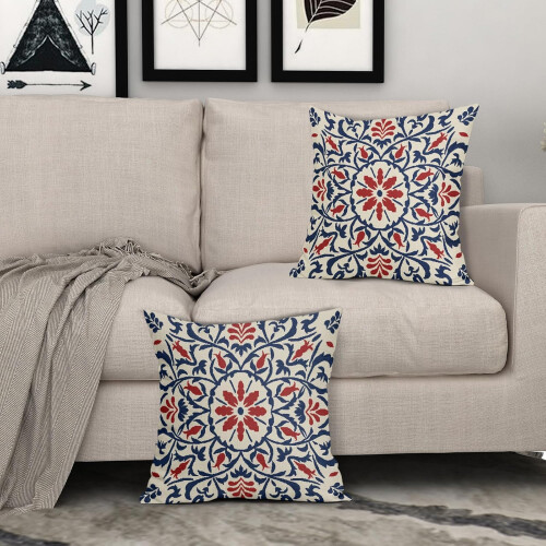 Μαξιλαροθήκες Boho σε μπλε και κόκκινο χρώμα 20x20 ίντσες, vintage λινές θήκες μαξιλαριών 2