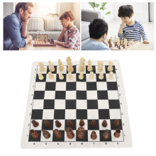 Jeu d’échecs portable en cuir PU avec pièces en bois, rois de 77 mm, noir