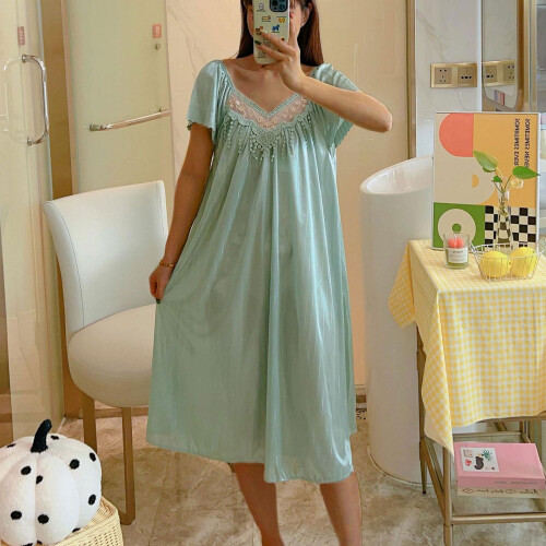 Νυχτικά Plus Size για γυναίκες σε προσφορά, Μονόχρωμο φόρεμα πιτζάμας με κοντό μανίκι 1