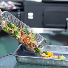 Camping Stainless Steel BBQ Grill Tube Thickened Rolling Rotating Barbecue Cage Net for Skewers,Vegetables Grilling Tool