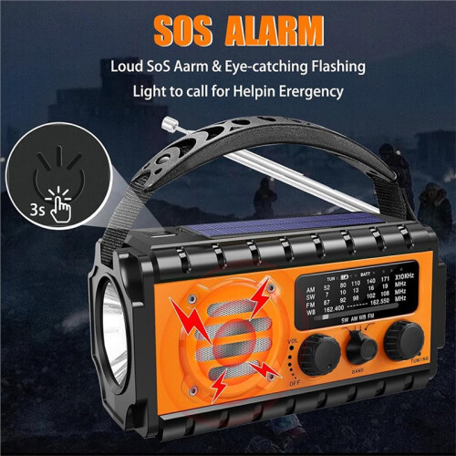 Rádio AM/FM/SW/WB de 20000mAh com Manivela, Carregamento Solar USB, Lanterna e Som SOS A 1