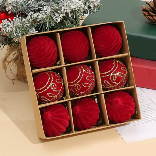 9-Piece Red Flocked Christmas Ball Ornaments 1