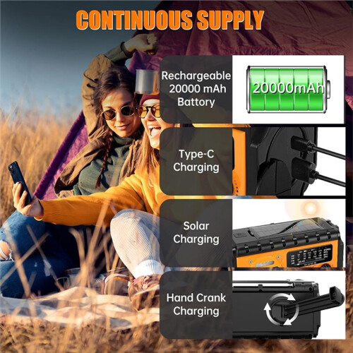 Rádio AM/FM/SW/WB de 20000mAh com Manivela, Carregamento Solar USB, Lanterna e Som SOS A 2