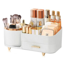 360 Rotating Makeup Organizer Box with Drawer, 5016.5cm, Beige/Green/White