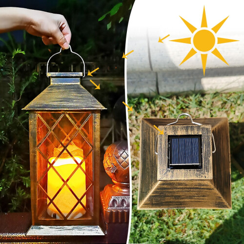 Σετ 14" με 2 ηλιακά φανάρια-κεριά LED, τρεμοπαίζουν χωρίς φλόγα, κρεμαστά 2