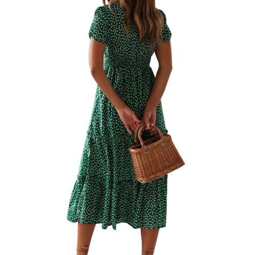 Kvinners Boho Blomsterprint Sommer Kortermet Midikjole 2