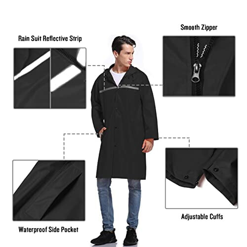 Lang, vanntett regnponcho med hette for menn 2