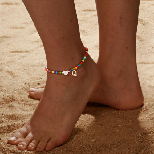Wasserdichte Boho-Fußkette für Damen mit Initialen- oder Herzanhänger, 1