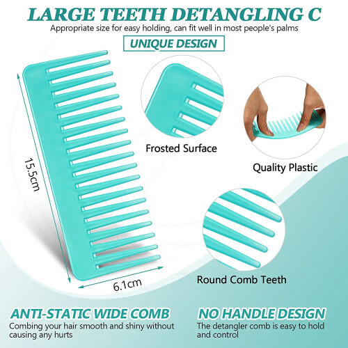 Pente de dentes largos e grande para desembaraçar cabelos cacheados, molhados e secos, sem cabo (ciano) 1