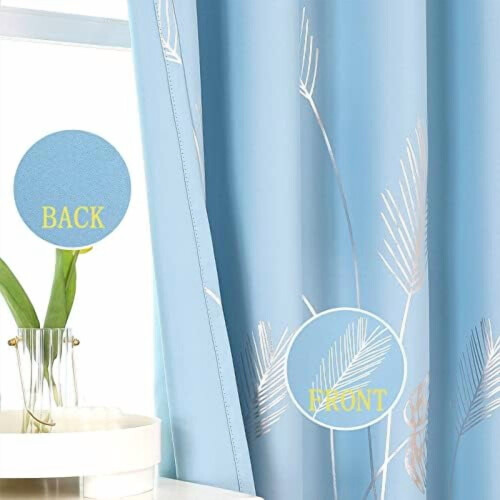 Sky Blue Blackout Curtains with Silver Palm Pattern, 2
