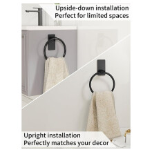 Adhesive Towel , Adhesive Hand Towel Holder, Self Adhesive Round Hand Towel Rings for Bathroom, Black, 2 Pack