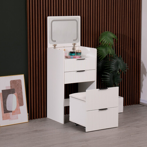 Westwood WestWood Textured LED Vanity Dressing Table 3 Drawers Flip Mirror Storage Stool