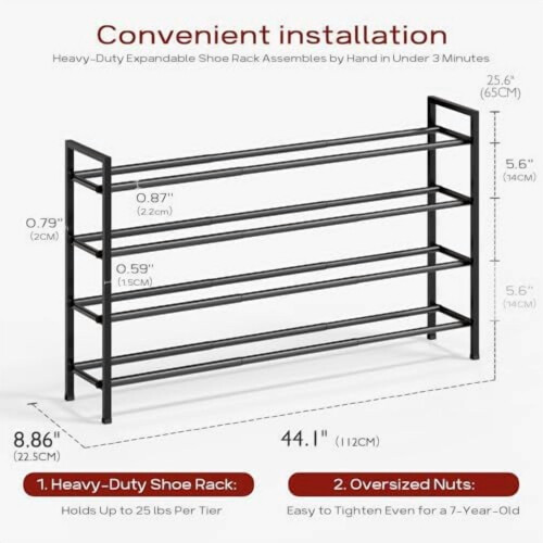 Sapateira expansível de 4 níveis em metal preto, 45-112 cm (18-44 polegadas) 1