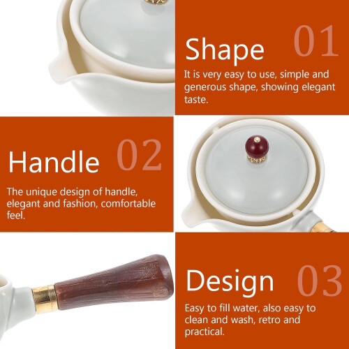 Ceramic Teapot with Wooden Side Handle for Loose Leaf, Small White Kung Fu Tea Maker 1
