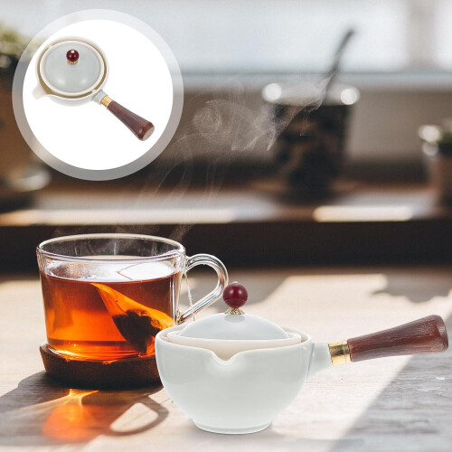 Ceramic Teapot with Wooden Side Handle for Loose Leaf, Small White Kung Fu Tea Maker 2