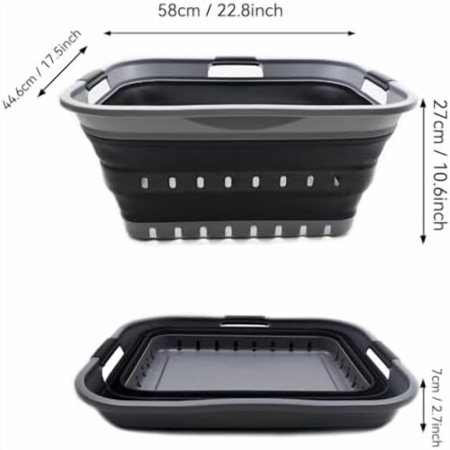 42L Collapsible Plastic Laundry Basket - Foldable Pop Up Storage Container/Organizer - Space Saving Hamper/Basket (1, Grey/Black) 2