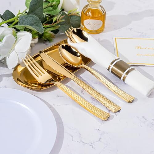 Gold Plastic Silverware Set with Napkins 50-Piece 1