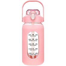 64-Unzen-Glaswasserflaschen mit Strohhalm, Glasflasche mit SilikonhüLle und Zeitmarkierung, für Fitnessstudio, HeimbüRo, Rosa