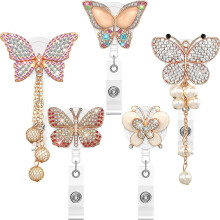5 StüCk Einziehbare Ausweis Halter Rolle, Schmetterling Handgemachte Bling Strass Ausweis Halter mit Clip, für Freiwillige Krankenschwestern