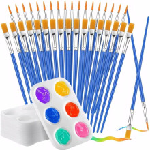30 Pcs Small Paint Brushes Bulk and 10 Palettes - 15pcs Flat & 15pcs Pointed Paint ,for Oil Acrylic, Watercolor Painting