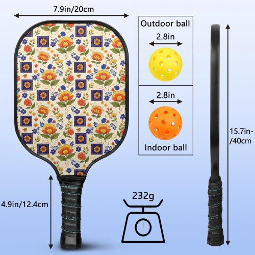 Pickleball-padlesett i blomsterfiber, 2 padler + 2 2