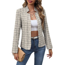 Damen-Blazerjacke mit Karomuster, Warm, Offen, Stehkragen, Vollständig Gefüttert, Lässig-Modischer Arbeitsmantel Aprikosengrau XL