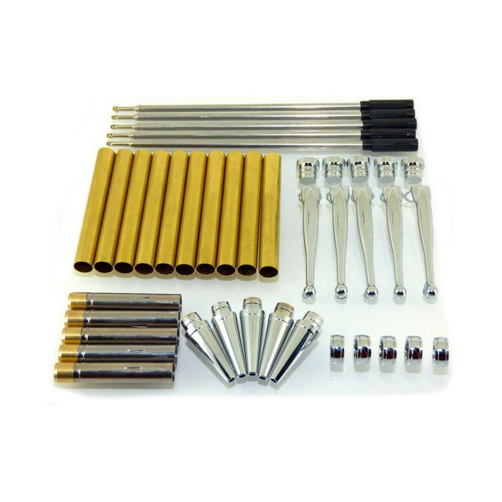 Jojomino Woodturning Fancy Slimline Pen Kit Set X 5, Chrome Finish, Twist Silver