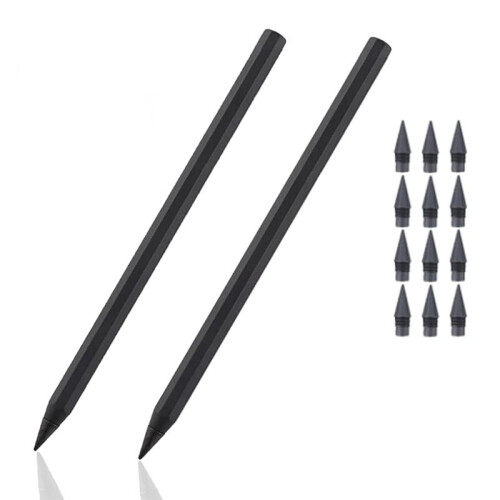 2Pcs Forever Pencil, Metal Alloy Writing Instrument, Never Needs Sharpening, Includes 12 Replaceable Nibs
