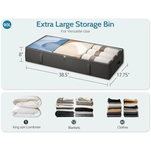 2-Pack Under Bed Storage Bins, 8" Tall, Sturdy Sidewalls/Bottom, Compatible with Most Beds, Black 2