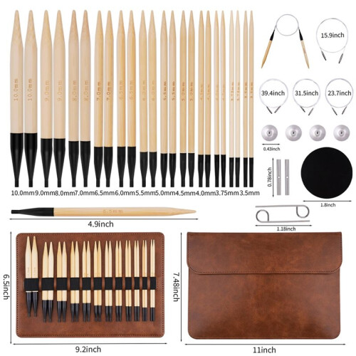 Interchangeable Bamboo Circular Knitting Needles Set with Case,Sizes 3.5mm-10mm, 12 Pairs, 4 Cables