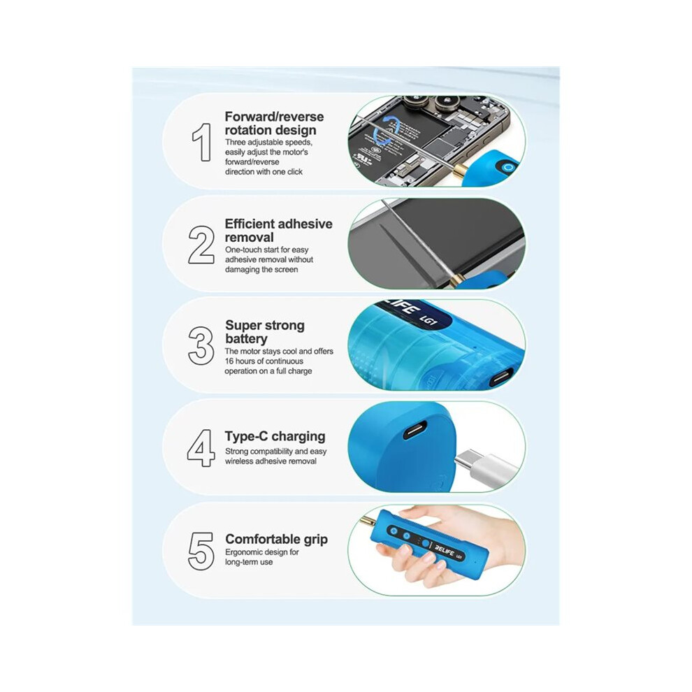 Relife Lg1 Glue Remover, 3-Speed Forward Reverse Rotation, Type-C Charging, 16H Battery For Phone Screen Repair 6032940057459