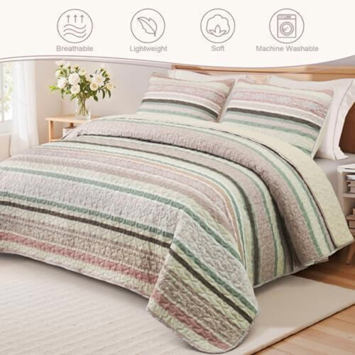Boho Floral Quilt Set Queen Size with 2 Shams 1