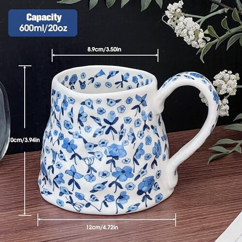 Κεραμική κούπα με λουλούδια, μπλε, floral, 20oz με μεγάλη λαβή 1