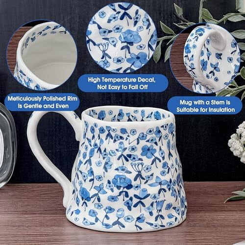 Κεραμική κούπα με λουλούδια, μπλε, floral, 20oz με μεγάλη λαβή 2
