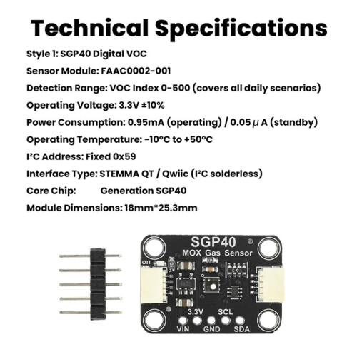 SGP40 VOC Sensor Module Dual Gas Environment Detection Industrial Wide Temperature Range STEMMA QT/Qwiic Interface 2