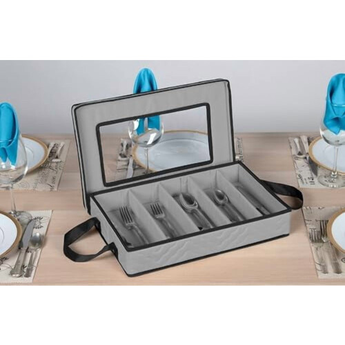5-Compartment Flatware Storage Case with Removable Lid & Carry Handles – Large Capacity, Durable, Gray 1