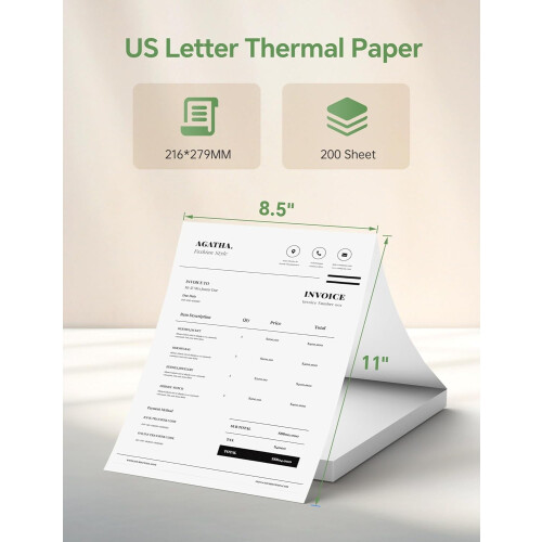 Papel térmico para impressora, 200 folhas, tamanho carta (8,5 x 11 polegadas), modelo MT610, compatível com impressoras portáteis /iD/H e outras 2