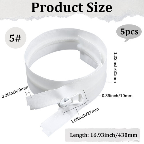 Pacote com 5 zíperes invisíveis brancos de 43 cm (16,9 polegadas), em nylon impermeável, separáveis, resistentes, para costura, com cursor. 1