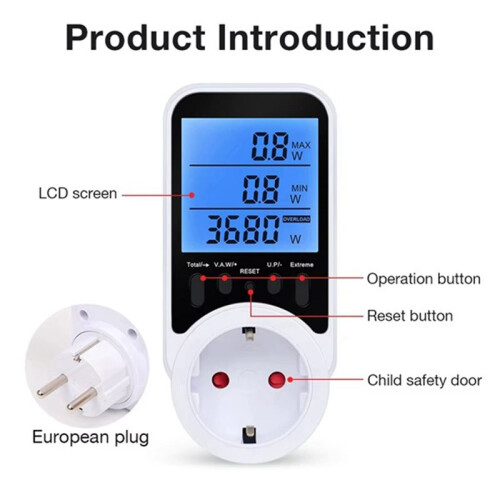 Digital Wattmeter AC  Socket Power Meter Electricity Usage Monitor Socket Voltage Meter with Backlight EU PLUG 1